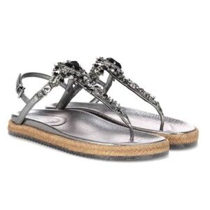 Jimmy Choo Neal Rhinestone Jeweled T-Strap Espadrille Molded Comfort Sandals 36